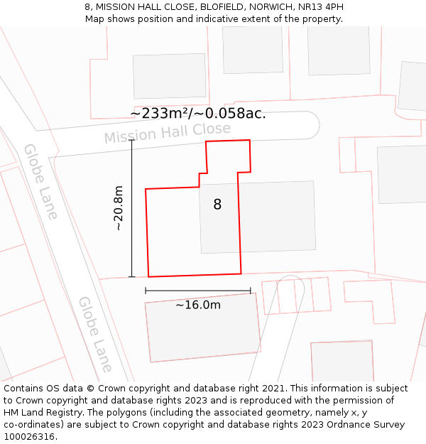8, MISSION HALL CLOSE, BLOFIELD, NORWICH, NR13 4PH: Plot and title map
