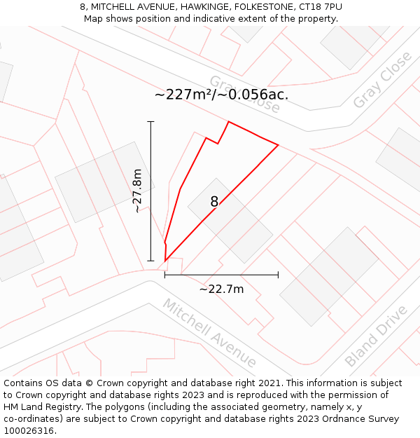 8, MITCHELL AVENUE, HAWKINGE, FOLKESTONE, CT18 7PU: Plot and title map
