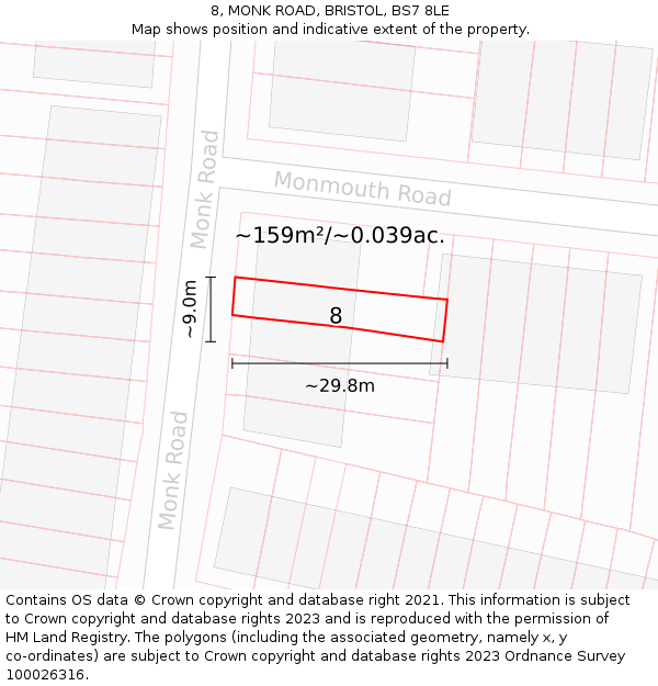 8, MONK ROAD, BRISTOL, BS7 8LE: Plot and title map