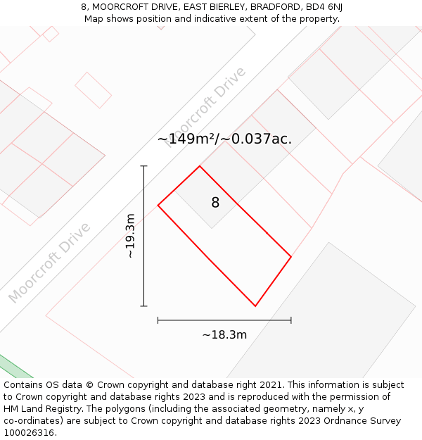 8, MOORCROFT DRIVE, EAST BIERLEY, BRADFORD, BD4 6NJ: Plot and title map