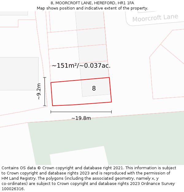 8, MOORCROFT LANE, HEREFORD, HR1 1FA: Plot and title map