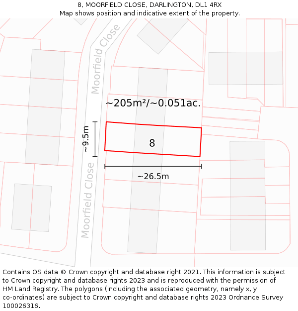 8, MOORFIELD CLOSE, DARLINGTON, DL1 4RX: Plot and title map