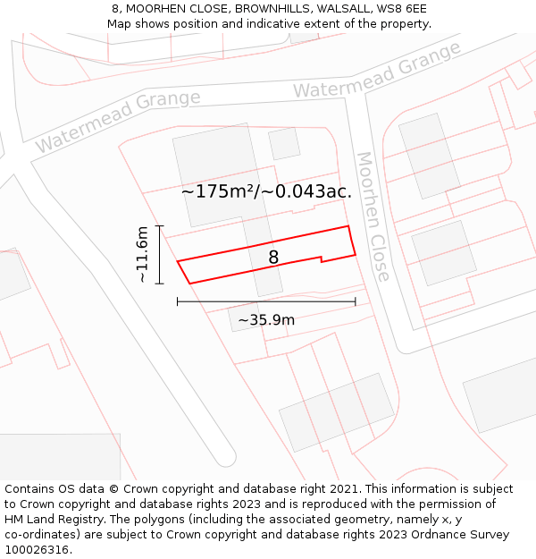8, MOORHEN CLOSE, BROWNHILLS, WALSALL, WS8 6EE: Plot and title map