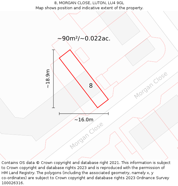 8, MORGAN CLOSE, LUTON, LU4 9GL: Plot and title map
