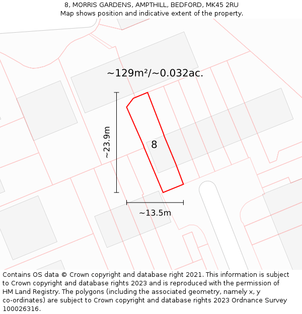 8, MORRIS GARDENS, AMPTHILL, BEDFORD, MK45 2RU: Plot and title map