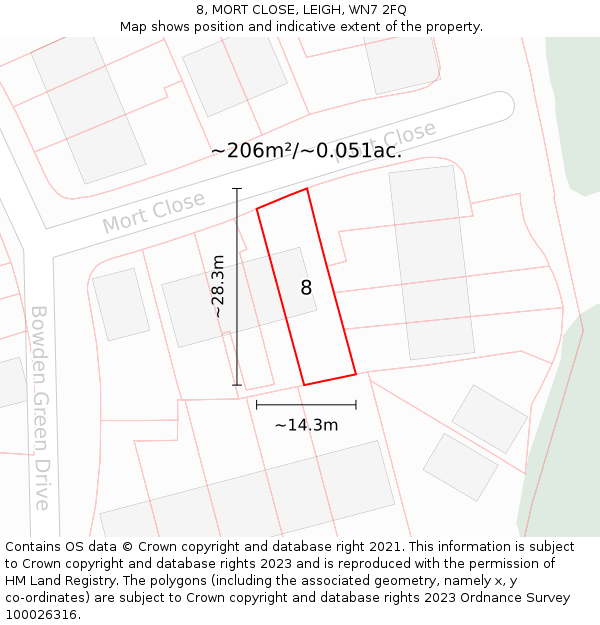 8, MORT CLOSE, LEIGH, WN7 2FQ: Plot and title map