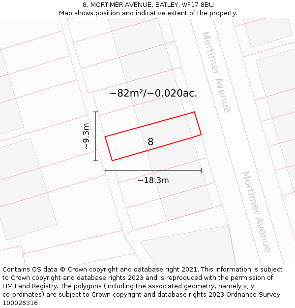 8, MORTIMER AVENUE, BATLEY, WF17 8BU: Plot and title map