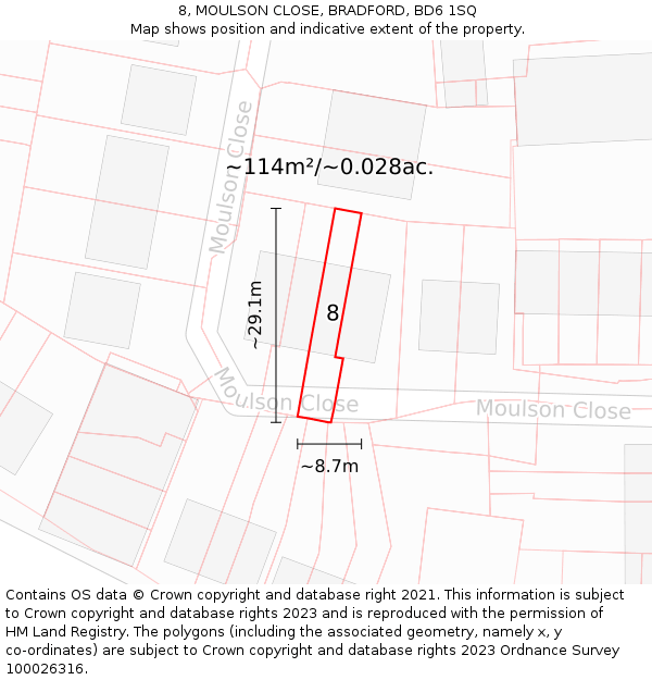 8, MOULSON CLOSE, BRADFORD, BD6 1SQ: Plot and title map