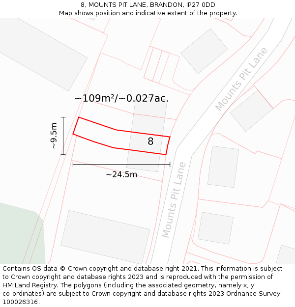 8, MOUNTS PIT LANE, BRANDON, IP27 0DD: Plot and title map