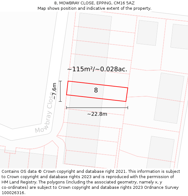 8, MOWBRAY CLOSE, EPPING, CM16 5AZ: Plot and title map
