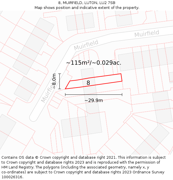 8, MUIRFIELD, LUTON, LU2 7SB: Plot and title map
