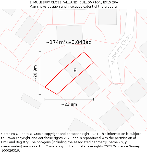 8, MULBERRY CLOSE, WILLAND, CULLOMPTON, EX15 2PA: Plot and title map