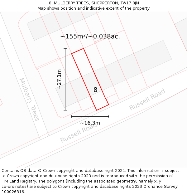 8, MULBERRY TREES, SHEPPERTON, TW17 8JN: Plot and title map