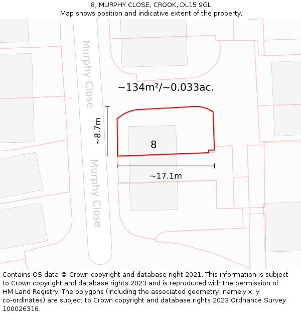 8, MURPHY CLOSE, CROOK, DL15 9GL: Plot and title map