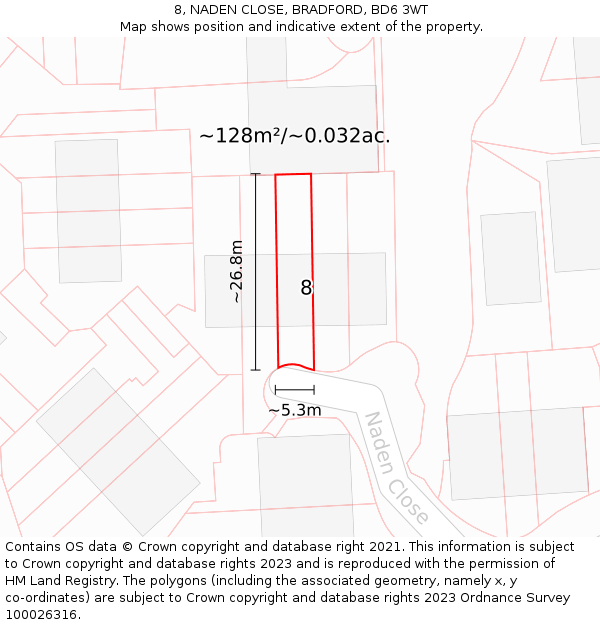 8, NADEN CLOSE, BRADFORD, BD6 3WT: Plot and title map
