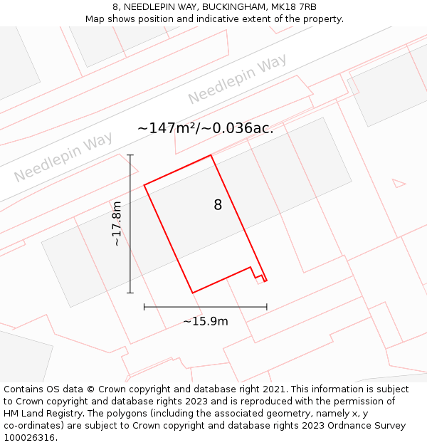 8, NEEDLEPIN WAY, BUCKINGHAM, MK18 7RB: Plot and title map