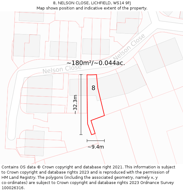 8, NELSON CLOSE, LICHFIELD, WS14 9FJ: Plot and title map