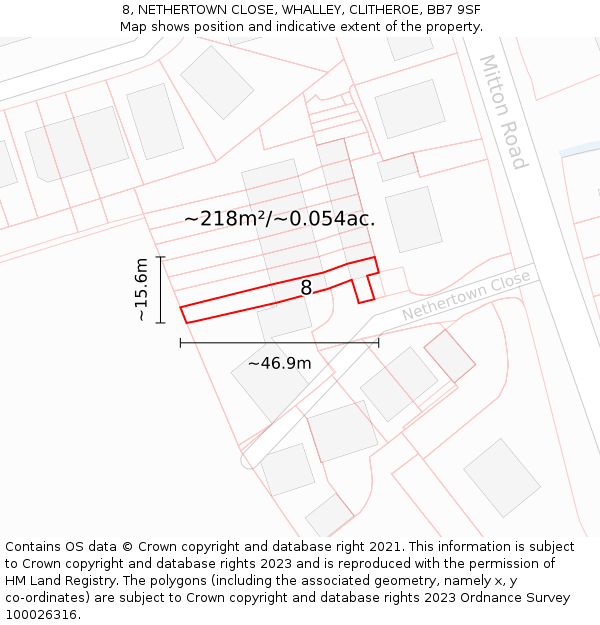 8, NETHERTOWN CLOSE, WHALLEY, CLITHEROE, BB7 9SF: Plot and title map