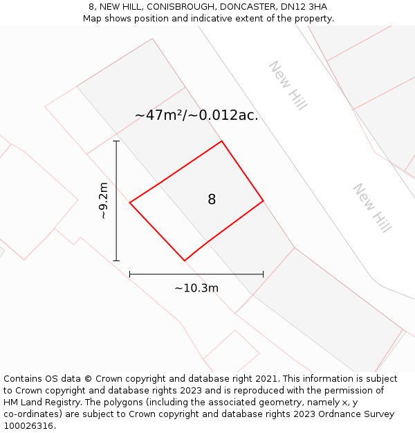 8, NEW HILL, CONISBROUGH, DONCASTER, DN12 3HA: Plot and title map