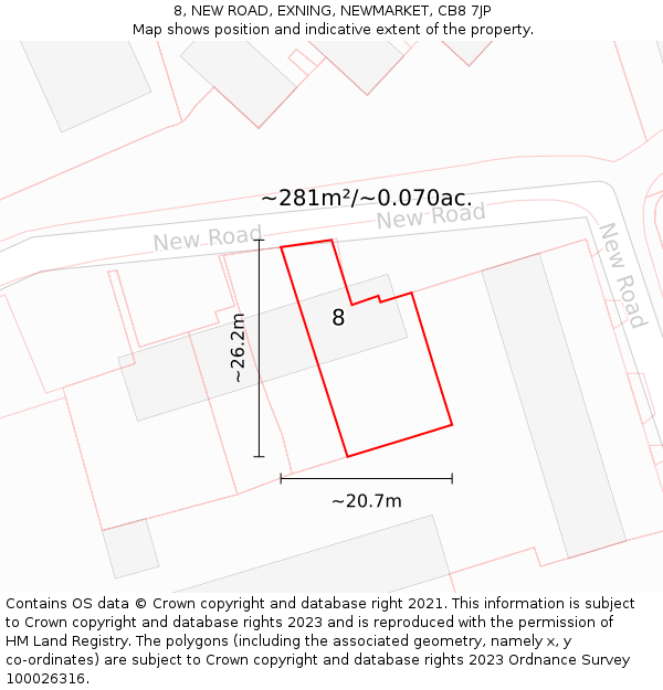 8, NEW ROAD, EXNING, NEWMARKET, CB8 7JP: Plot and title map