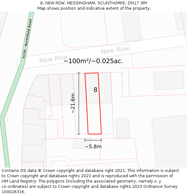 8, NEW ROW, MESSINGHAM, SCUNTHORPE, DN17 3RY: Plot and title map