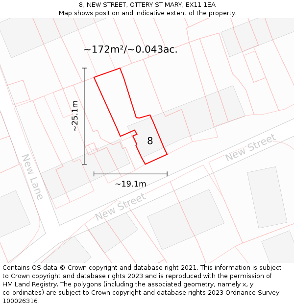8, NEW STREET, OTTERY ST MARY, EX11 1EA: Plot and title map