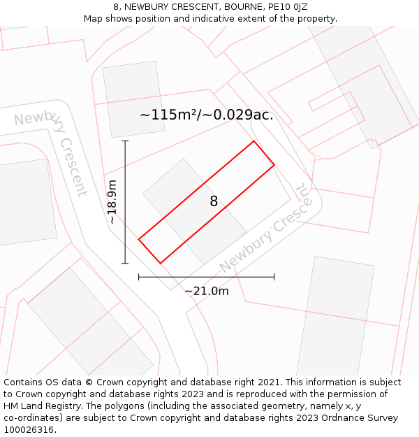 8, NEWBURY CRESCENT, BOURNE, PE10 0JZ: Plot and title map