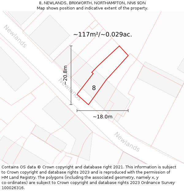 8, NEWLANDS, BRIXWORTH, NORTHAMPTON, NN6 9DN: Plot and title map