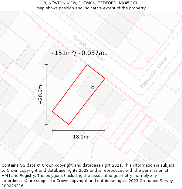 8, NEWTON VIEW, FLITWICK, BEDFORD, MK45 1GH: Plot and title map
