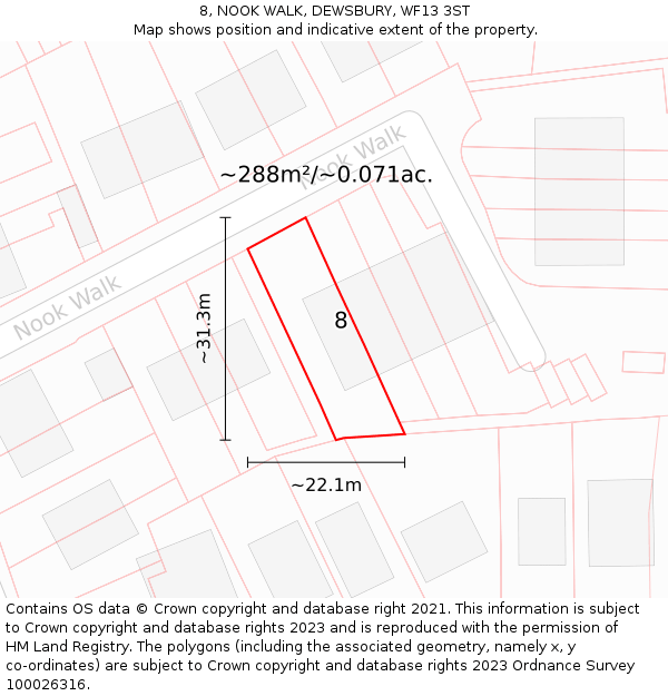8, NOOK WALK, DEWSBURY, WF13 3ST: Plot and title map