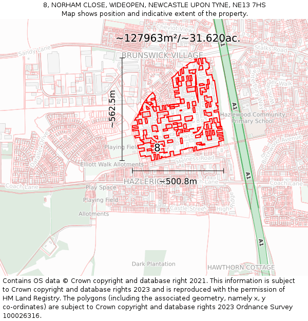 8, NORHAM CLOSE, WIDEOPEN, NEWCASTLE UPON TYNE, NE13 7HS: Plot and title map