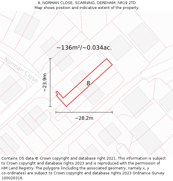 8, NORMAN CLOSE, SCARNING, DEREHAM, NR19 2TD: Plot and title map