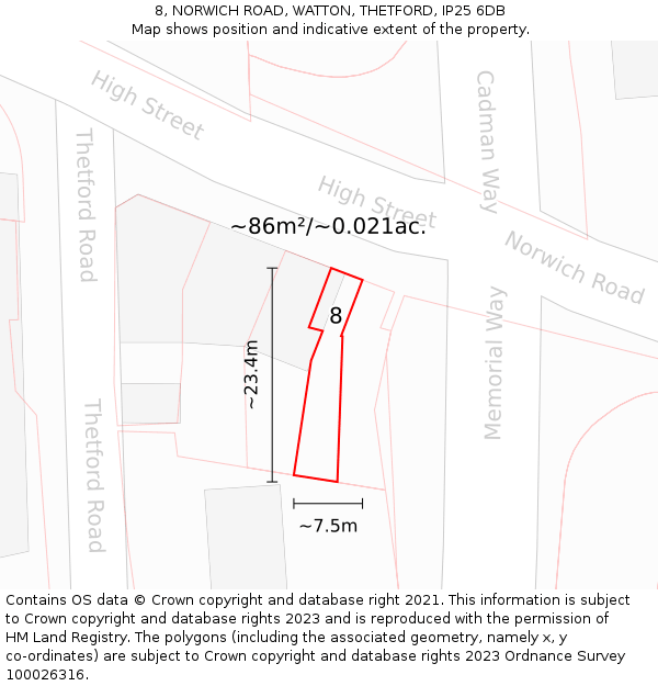 8, NORWICH ROAD, WATTON, THETFORD, IP25 6DB: Plot and title map