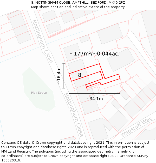 8, NOTTINGHAM CLOSE, AMPTHILL, BEDFORD, MK45 2FZ: Plot and title map