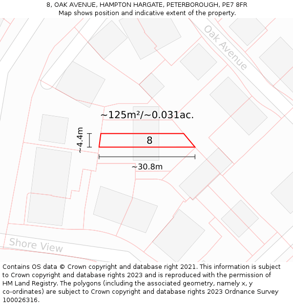 8, OAK AVENUE, HAMPTON HARGATE, PETERBOROUGH, PE7 8FR: Plot and title map