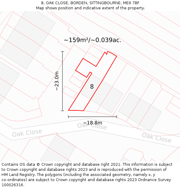 8, OAK CLOSE, BORDEN, SITTINGBOURNE, ME9 7BF: Plot and title map