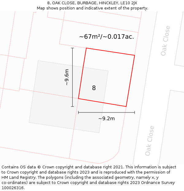 8, OAK CLOSE, BURBAGE, HINCKLEY, LE10 2JX: Plot and title map