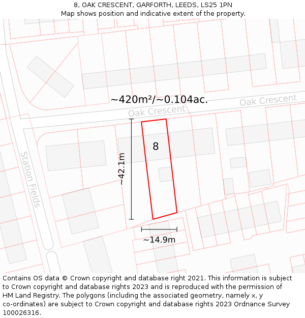 8, OAK CRESCENT, GARFORTH, LEEDS, LS25 1PN: Plot and title map