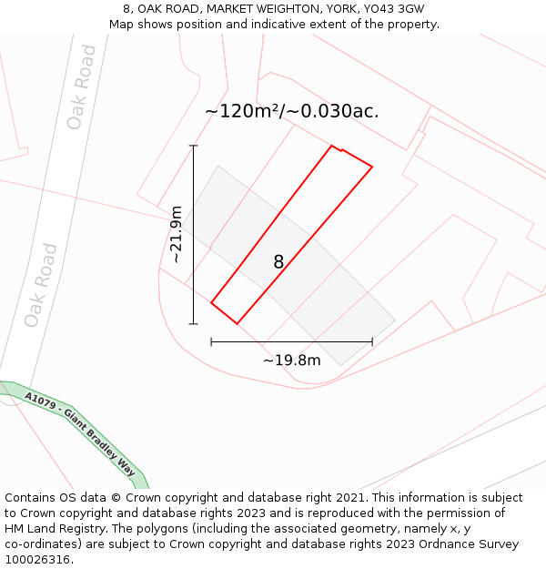 8, OAK ROAD, MARKET WEIGHTON, YORK, YO43 3GW: Plot and title map