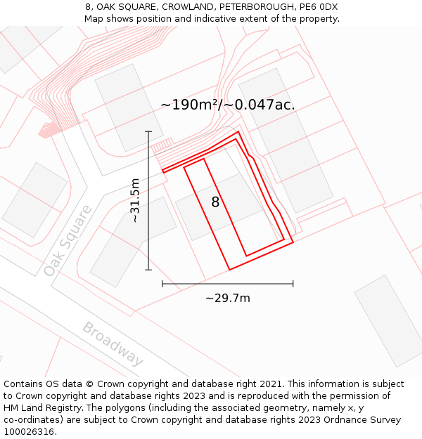 8, OAK SQUARE, CROWLAND, PETERBOROUGH, PE6 0DX: Plot and title map