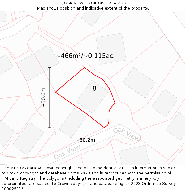 8, OAK VIEW, HONITON, EX14 2UD: Plot and title map