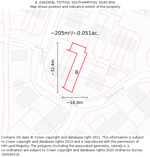 8, OAKDENE, TOTTON, SOUTHAMPTON, SO40 8FW: Plot and title map