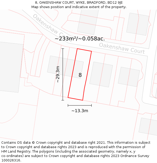 8, OAKENSHAW COURT, WYKE, BRADFORD, BD12 9JE: Plot and title map