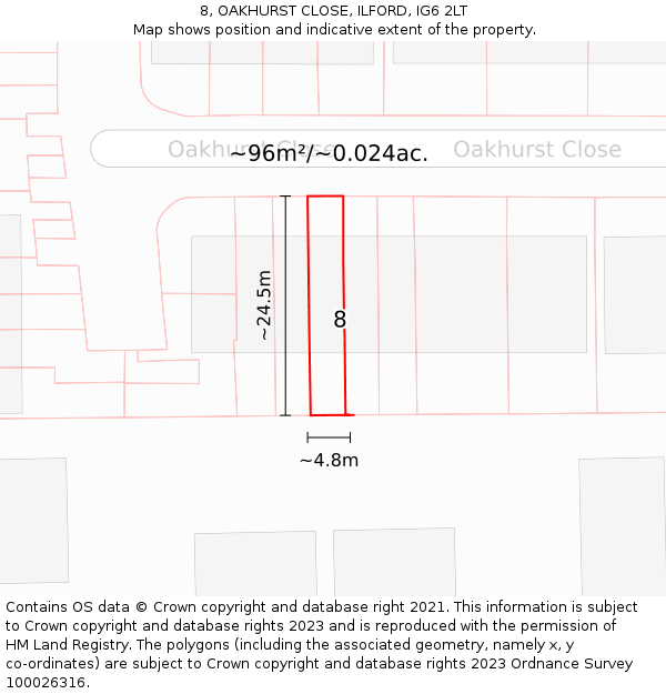 8, OAKHURST CLOSE, ILFORD, IG6 2LT: Plot and title map
