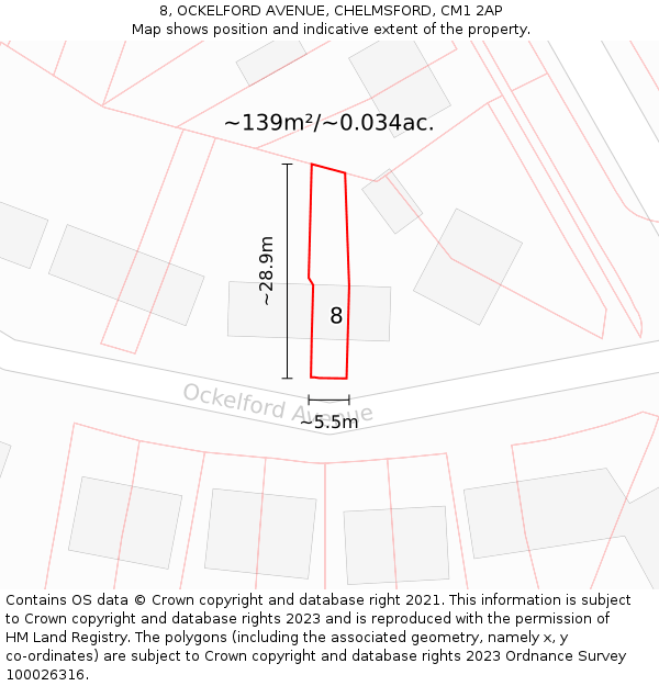 8, OCKELFORD AVENUE, CHELMSFORD, CM1 2AP: Plot and title map