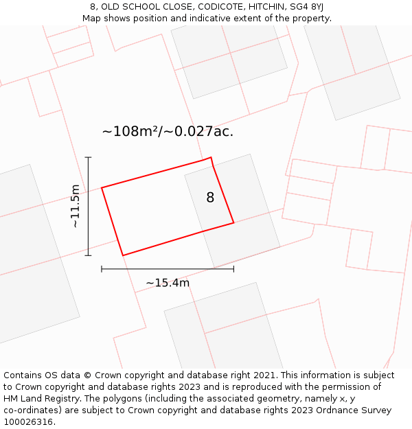 8, OLD SCHOOL CLOSE, CODICOTE, HITCHIN, SG4 8YJ: Plot and title map