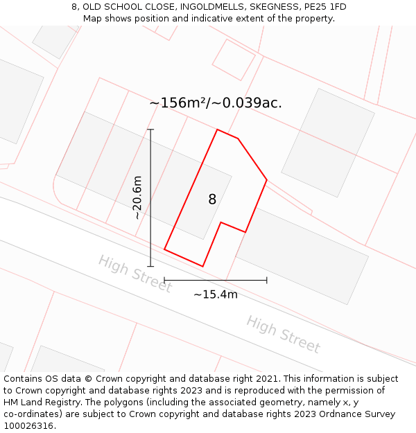 8, OLD SCHOOL CLOSE, INGOLDMELLS, SKEGNESS, PE25 1FD: Plot and title map