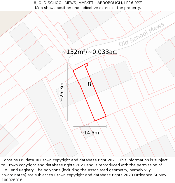 8, OLD SCHOOL MEWS, MARKET HARBOROUGH, LE16 9PZ: Plot and title map