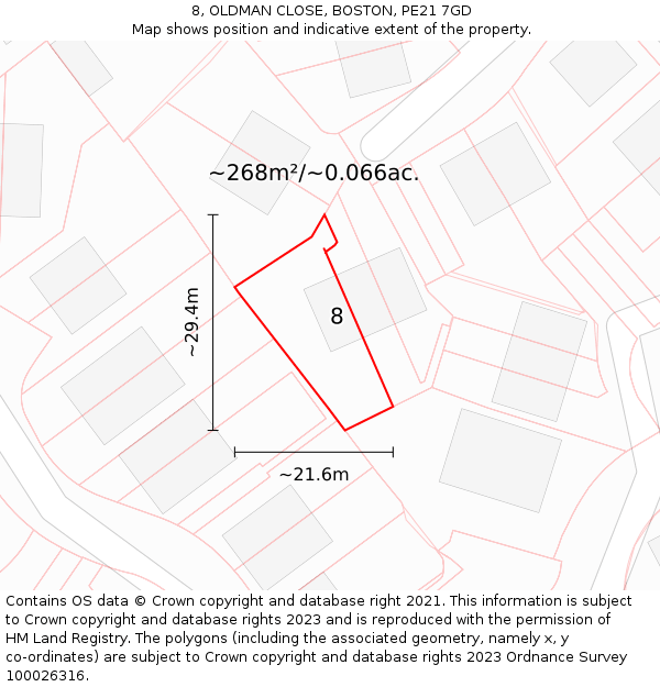 8, OLDMAN CLOSE, BOSTON, PE21 7GD: Plot and title map