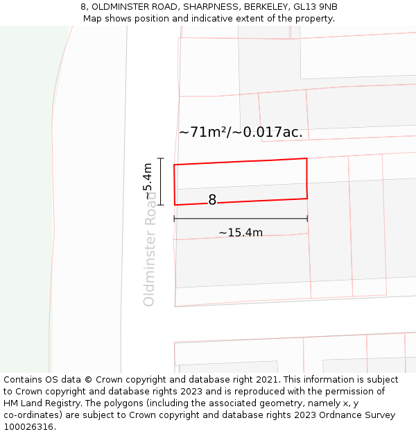 8, OLDMINSTER ROAD, SHARPNESS, BERKELEY, GL13 9NB: Plot and title map